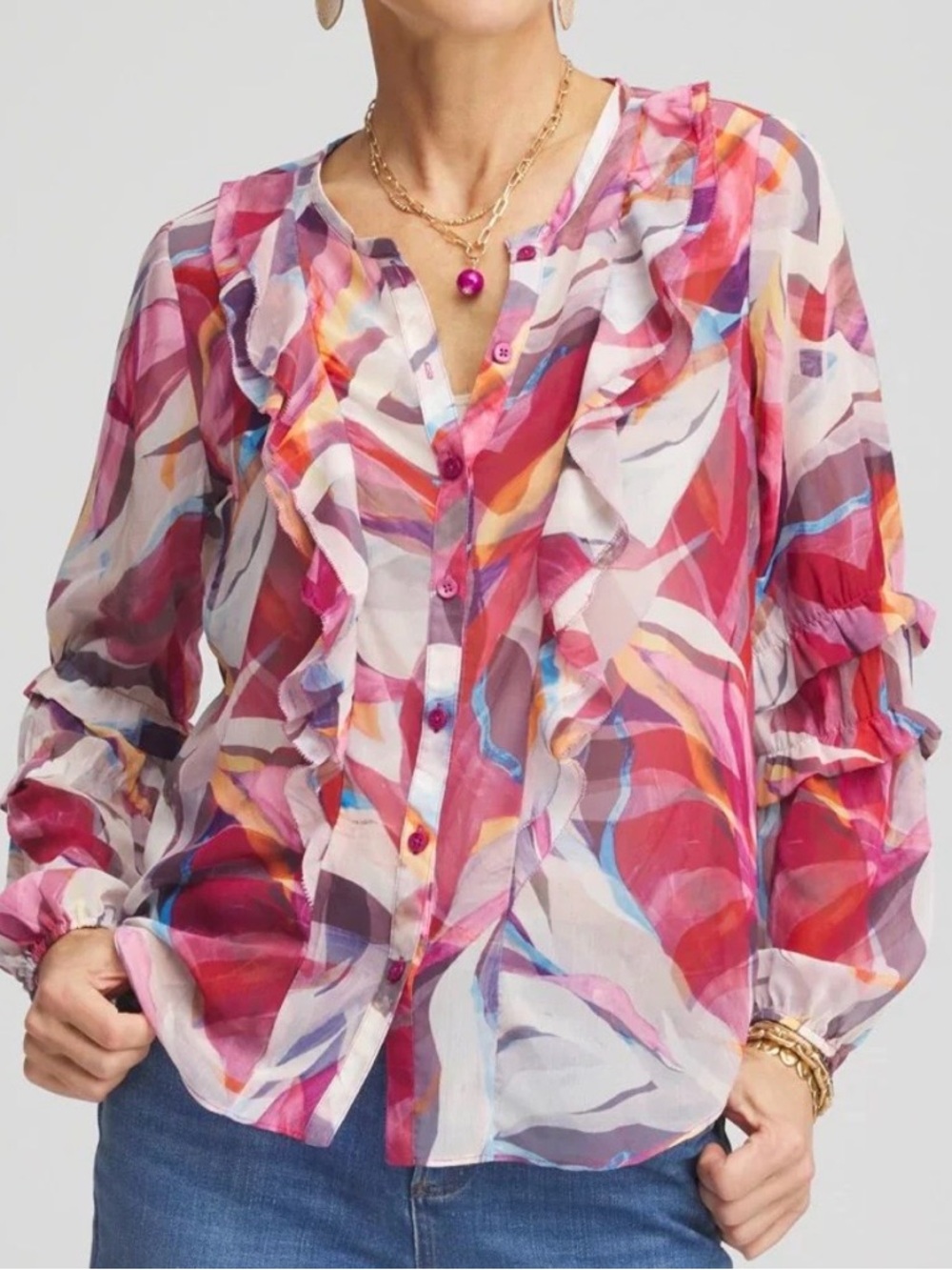Chico’s Abstract Ruffle Button Front Top Size 20 Romantic Artsy Boho Career